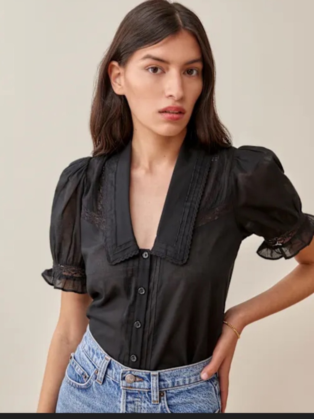 Reformation Black Short Puff Sleeve Button Blouse Hara Top